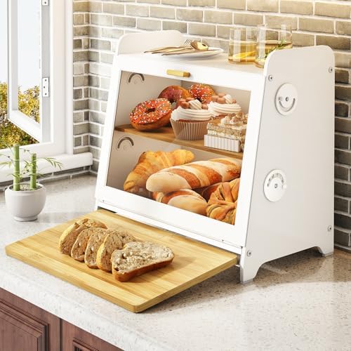 SNTD Airtight Bread Box for Kitchen Countertop, Bamboo Cutting Board, White