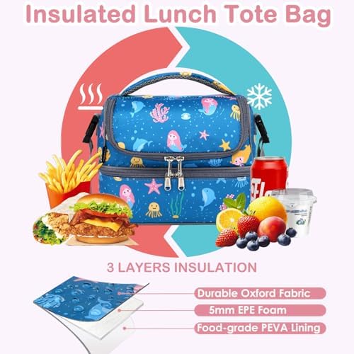 FlowFly Double Decker Cooler Insulated Lunch Bag Large Tote for Boys, Girls, Men, Women, With Adjustable Strap (Blue-Mermaid)