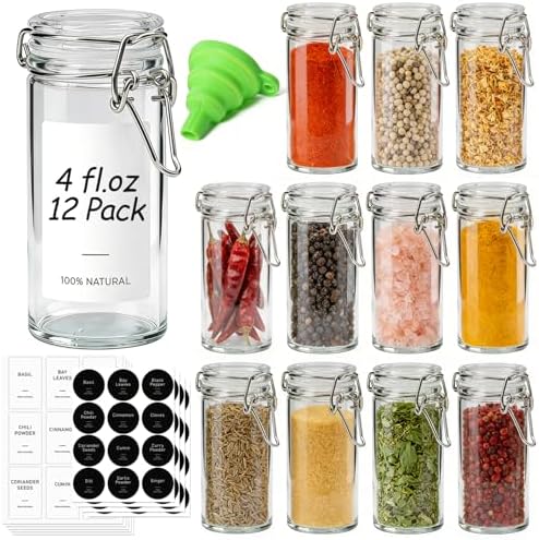 ComSaf Small Glass Spice Jars with Airtight Lids 4 oz 12 Pack with Labels