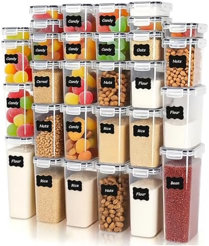 30 PCS Airtight Food Storage Containers with Lids, Plastic Kitchen and Organization Canisters for Cereal, Dry Food, Flour and Sugar, BPA-Free, PVC-Free, Includes Labels & Marker