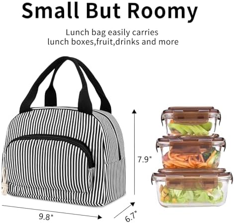 Lunch Bag Women Lunch Box for Women Adult Cute Insulated Lunch Bag Small Cooler Lunch Tote Bags for Work Picnic Travel (Black Stripes)