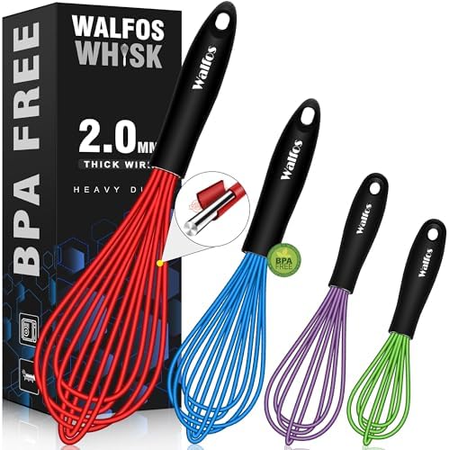 Walfos Whisk, Silicone Whisk Heat Resistant (480°F) Kitchen Whisks Set of 4- Professional Whisks For Cooking Non Scratch, Balloon Egg Whisk Perfect for Frothing, Blending, Beating