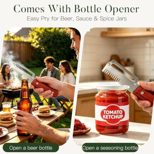 2-Pack 3-in-1 Vegetable Peelers for Kitchen with Wooden Handle, Stainless Steel Blades, Built-in Julienne Cutter & Bottle Opener, Fruit Peeler for Potato, Carrot, Apple, Cucumber & Pumpkin