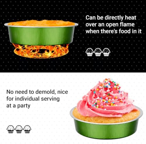 Beasea Mini Pie Tin Pan 100 Pack, 4" 7.3oz 215ml Disposable Baking Cups Only, Aluminum Foil Mini Ramekin No Lids Baking Pie Tart Pan Cheesecake Cups for Birthday Wedding Party - Avocado Green