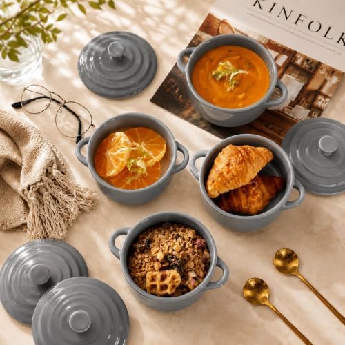 Mini Dutch Oven Set of 4, 14 oz Ceramic Mini Dutch Ovens with Lids and Handles, Ramekins with Lids for French Onion Soup, Pot Pies, Soufflés and Baked Desserts, Oven Microwave Dishwasher Safe, Mini Cocotte, Grey