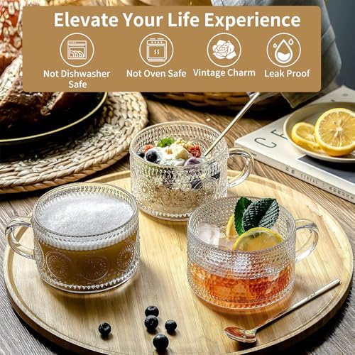 DOPUDO Vintage Glass Coffee Mugs,Overnight Oats Containers With Lids,Glass Cup With Sealed Lid and Spoon,Glass Coffee Mugs,Coffee Bar Accessories,Ideal for Cappuccino, Latte(6-Pack,14oz)