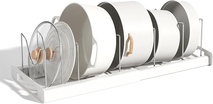 Expandable Pot and Pan Organizer Rack for Cabinet, Pot Lid Organizer Holder with 7 Stainless Steel Adjustable Dividers for Kitchen Cabinet Organizer and Storage (White)
