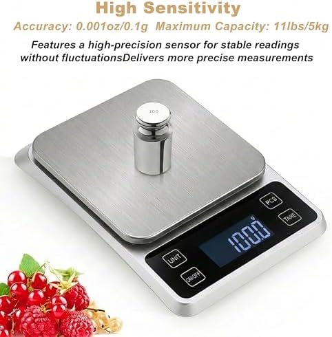 Kitchen Digital Scale, 0.1 g/0.001 oz High Precision Electronic Scale, Max 5 kg/11 lbs, Multiple Unit Conversion, Auto Power-Off/Tare/Counting Function, Stainless Steel Weighing Platform (Silver)