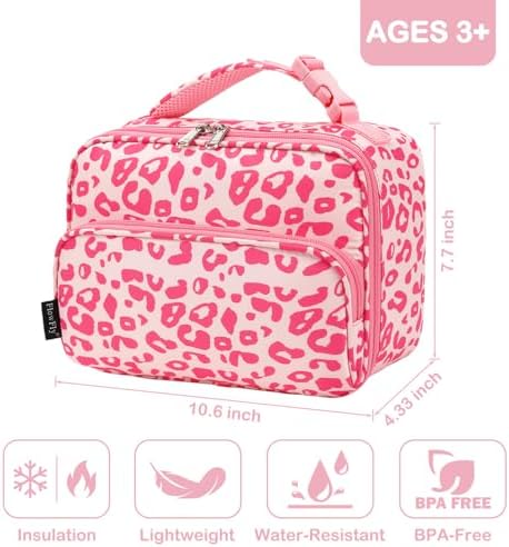 FlowFly Kids Lunch box with buckle Insulated Cooler Back to School Thermal Meal Tote Kit for Girls, Boys, Pink Cow