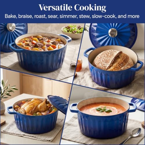 HITROCK Enameled Cast Iron Dutch Oven Pot with Lid,4.9 Quarts Enamel Cast iron Pot with Cotton Potholders for Bread Baking, Braising, Stews, Roasting, Diamond-Inspired Design, Oven Safe up to 500° F, Blue