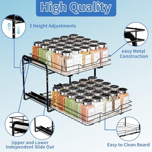 BOIVSHI 2-Tier Spice Rack Organizer, Pull Out Spice Rack for Cabinet, Height Adjustable Heavy Duty Metal Basket for Inside Cabinet & Pantry (11.5''Wx10.5''Dx9.5''H)