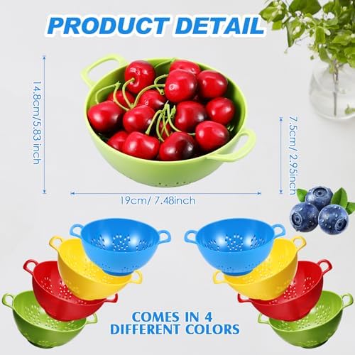 Baderke 4 Pack Mini Colander for Kitchen Plastic Berry Strainer with Double Handles 7.5 x 6 x 3 Inch Small Colander Strainer for Fruits Vegetables Food (Green,Red,Blue,Lemon Yellow)