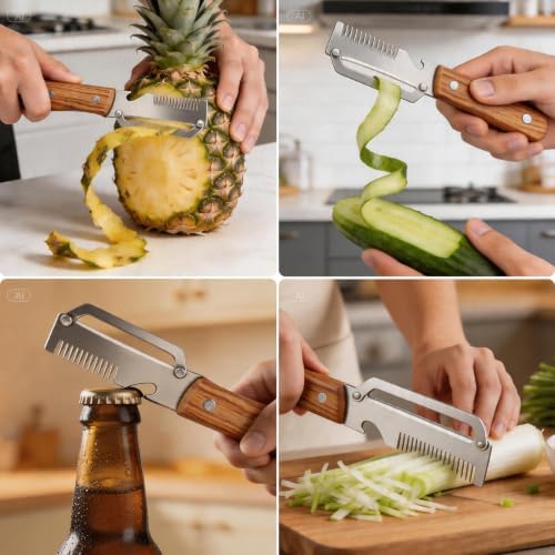 Multifunctional Vegetable Peeler, 3 in 1 Julienne Peeler with Wooden Handle, Vegetable Shredder with Bottle Opener for Peeling Veggie Fruit Pineapple Pumpkin Carrot(2 Pack)