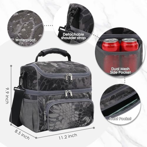 FlowFly Double Layer Cooler Insulated Lunch Bag Adult Lunch Box Large Tote Bag for Men, Women, With Adjustable Strap,Front Pocket and Dual Large Mesh Side Pockets
