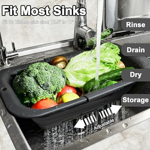 ROTTOGOON 7Qt Collapsible Colander Strainer, Expandable Over the Sink Colander, Adjustable Silicone Kitchen Sink Strainer, Foldable Large Colanders Basket to Wash Vegetable, Fruit, 15" to 19", Black
