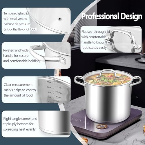 E-far 12 Quart Cooking Stock Pot, Large Stainless Steel Pot for Canning Simmering Stewing, Heavy Duty Cookware with Tri-ply Base for Induction Gas Stoves, Soup Pots with Glass Lid, Dishwasher Safe