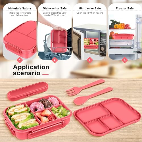 Amathley Lunch Box Kids,Bento Box Adult,Leakproof Lunch Containers for Adults/Kids/Toddler,1200ML-4 Compartments bento Lunch box with Utensil,Microwave & Dishwasher & Freezer Safe (Pink Berry)