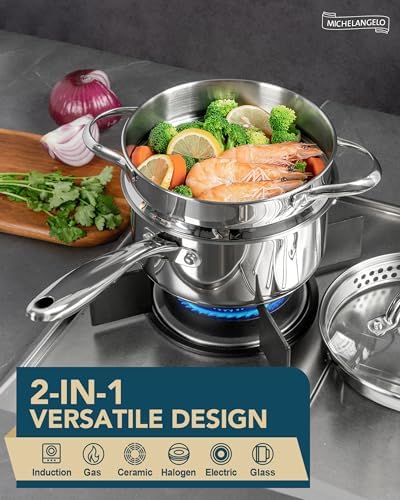 MICHELANGELO 18/10 Stainless Steel Saucepan Set with Steamer, 1QT & 2QT