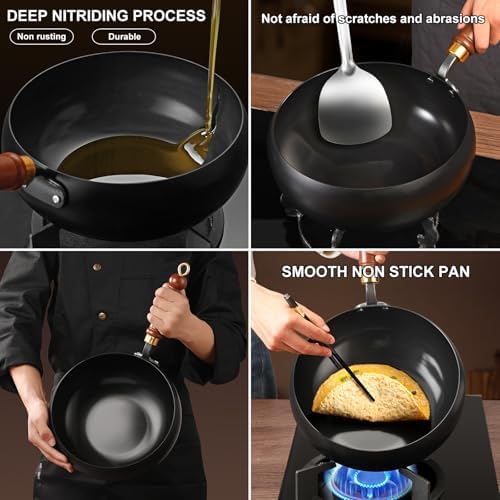 Carbon Steel Wok Pan, 10.2 INCH Nonstick Pre-Seasoned Woks & Stir-Fry Pans with Lid, No Chemical Coating Wok Flat Bottom Small Handmade Chinese Wok for Induction, Gas, Electric & All Stoves