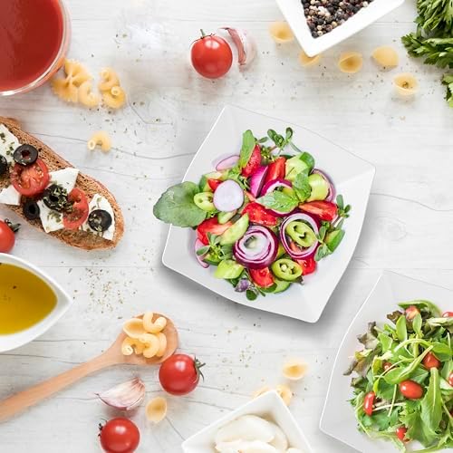 R-kay 6 Pack Square Plastic Serving Bowls - White Plastic bowls 16 Oz - Premium White Bowls Disposable Heavy Duty For Weddings Catering And Birthday parties