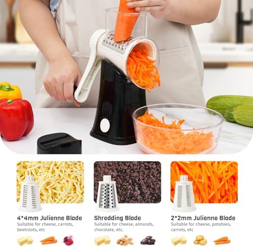 5-in-1 Rotary Cheese Grater Hand Crank, Vegetable Slicer Shredder with 5 Interchangeable Blades, Graters for Kitchen, Safe Kitchen Tool for Cheese, Nuts, Chocolate, Black
