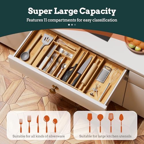 Bamboo Expandable Silverware Drawer Organizer, 11 Slots Utensil Holder