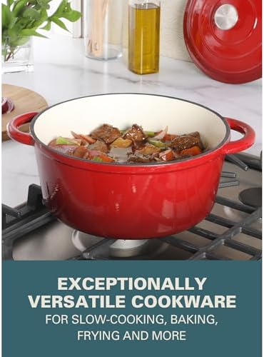 Gibson Home Addlestone 5-Quart Red Enamel Cast Iron Dutch Oven with Lid and Dual Handles – Durable Round Cooking Pot