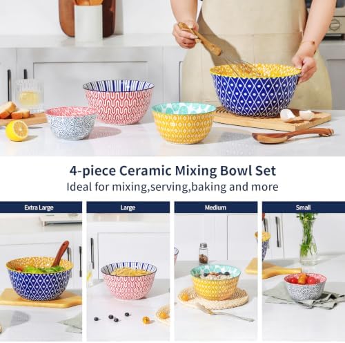 Selamica Ceramic Mixing Bowls Set of 4, 20/36/60/123 oz, Assorted Colors
