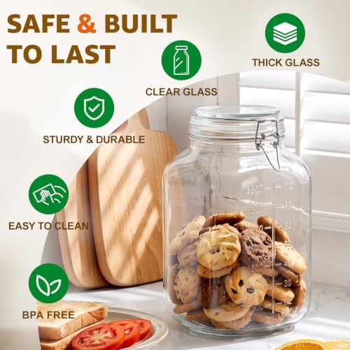 Large Square Glass Jars with Airtight Lids 1.1 Gallon Wide Mouth