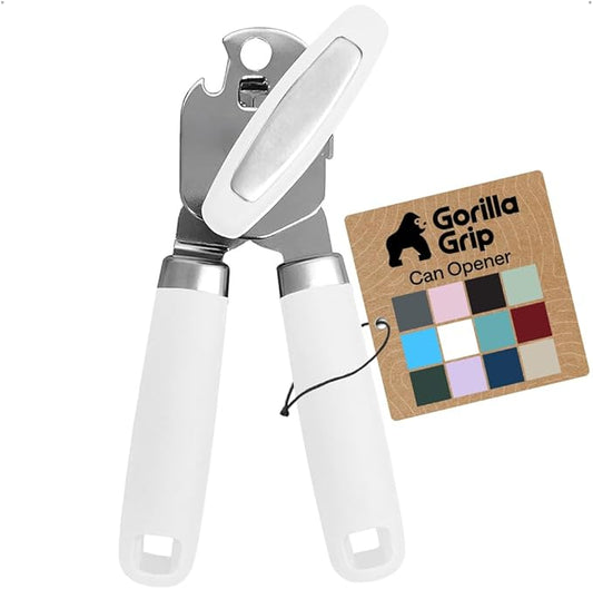 GORILLA GRIP Heavy Duty Stainless Steel Smooth Edge Manual Can Opener and Bottle Openers, Soft Comfortable Handle, Oversized Handheld Turn Knob, US Designed Multifunctional Kitchen Tool, White
