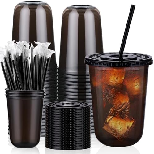tchrules 50 Set 16oz Black Plastic Iced Coffee Cups with Lids and Straws