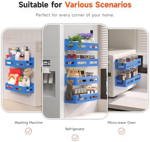 Sevenblue 4-Pack Magnetic Spice Rack for Refrigerator with Hooks, Blue