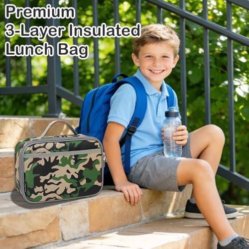 FlowFly Kids Lunch box Insulated Soft Bag Mini Cooler Back to School Thermal Meal Tote Kit for Girls, Boys, Forest