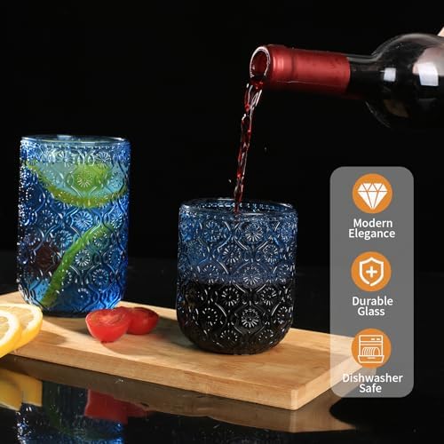 Set of 8 Vintage Embossed Glassware,4 Highball Glasses 14oz & 4 Rocks Drinking Glasses 9oz, Blue, Art Deco, for Wine, Water, Cocktail, Juice, Whiskey, Gift