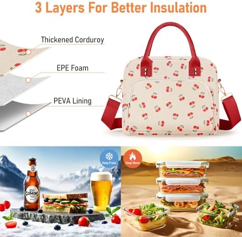 Lunch Bag Large Insulated Lunch Box for Women Men Adult Cute Cherry Lunchbox Corduroy Lunch Bags Boxes Pail with Shoulder Strap for Work Mom Picnic Office Travel 11.4×6.8×9.1 inches 11.5L