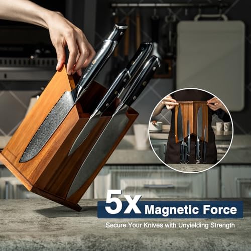 Gourmetop Magnetic Knife Holder, Double-Sided Acacia Wood Knife Block
