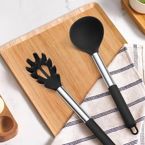 TeamFar Silicone Pasta Fork and Ladle, Nonstick Kitchen Utensils, Black