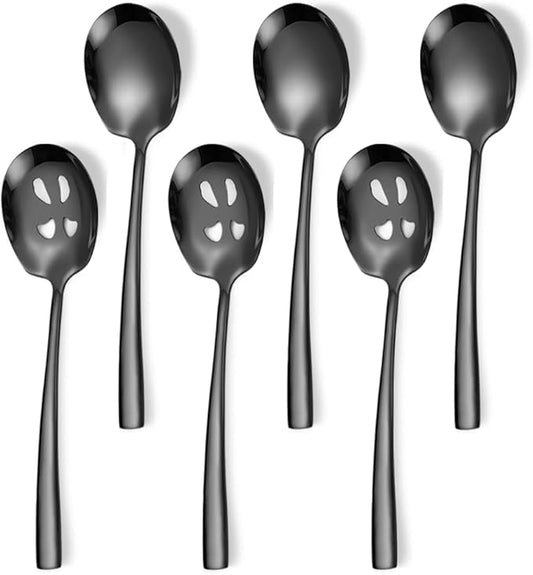 Serving Spoons Set 9.14 Inch Slotted Spoon Serving Spoon Stainless Steel Serving Utensils for Buffet Catering Dishwasher Safe(Set of 6, Black)