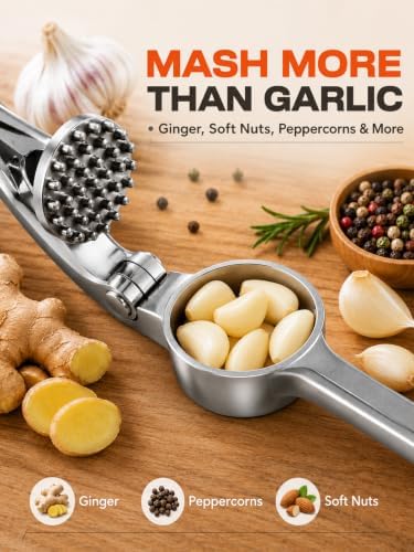 CUNSENR Garlic Press and Peeler Set, Heavy Duty Mincer with Brush, Silver