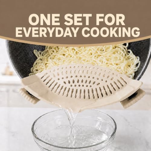 Silicone Pot Strainer, Emptycolor Adjustable Clip On Strainer for Pots Pans, Heat Resistant Pot Drainer, Kitchen Pasta Colander for Vegetables and Noodles (Light Tan)