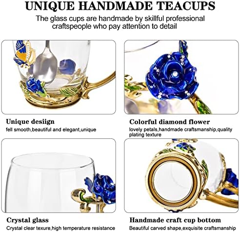 OEAGO Gifts for Mom Women Mothers Day Glass Coffee Enamels Mug Best Birthday Butterfly Rose Gifts for Her from Daughter Son Lead-Free Christmas Blue Tea Cup with Spoon Set