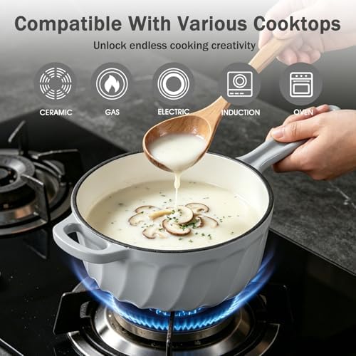 Enameled Cast Iron Sauce Pan with Lid, 1 Quart Saucepan with Lid