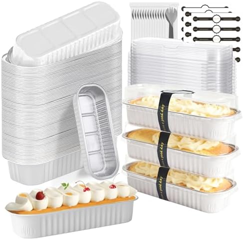 Mini Cake Pans With Lids And Spoons 50 Pack,6.8 oz Rectangle Mini individual Loaf Pans, Disposable Aluminum Foil Small Baking Cups Tins, Baking Containers for Xmas, Party and Picnics (White)