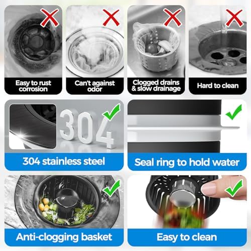 zaa 3 in 1 Kitchen Sink Drain Strainer Stopper Removable Basket Pop-Up