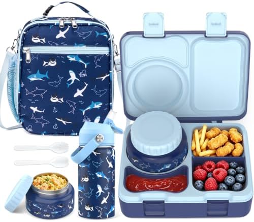 Kids Bento Lunch Box with Food Jar, Water Bottle, Lunch Bag, Shark