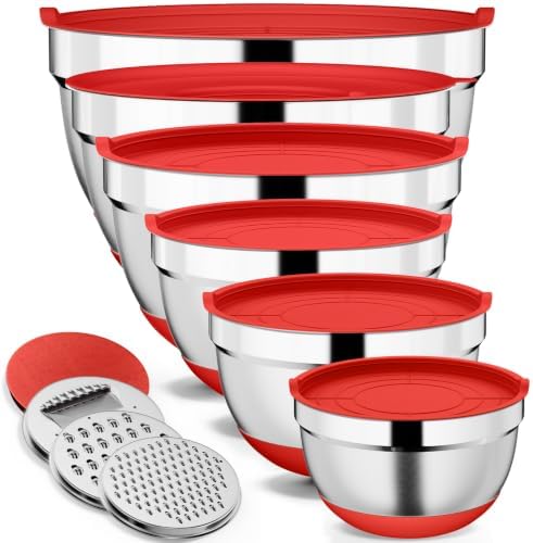 9 Pack Mixing Bowls with Airtight Lids & Grater Attachments, Red