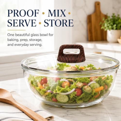 Large Glass Bowl for Sourdough Bread Making 6 QT Glass Mixing Bowl with Lid and Wood-Look Solid Bakelite Handle Clear Sourdough Bread Proofing Bowl with Cover Ideal for Baking