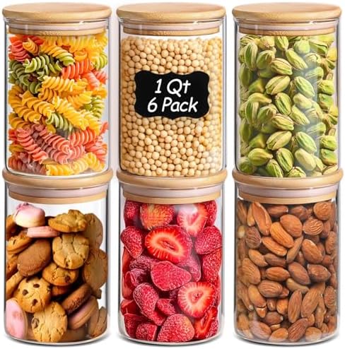 ComSaf Glass Storage Containers with Lids 1 Qt, Set of 6 Food Storage Jars
