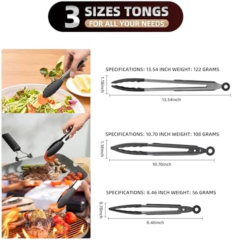 Stainless Steel Kitchen Tongs Set, 3 Pack with Silicone Tips