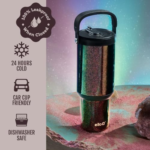 Ello Oasis Go+ 32oz Tumbler with Top Handle and Retracting Straw | Reusable Insulated Stainless Steel Cup, 100% Leakproof Water Bottle, 24 Hours Cold, Cup Holder Friendly For Travel | Moonstone
